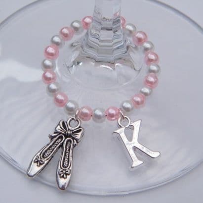Ballet Shoes Wine Glass Charm - Initial Full Bead Style