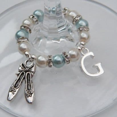 Ballet Shoes Wine Glass Charm - Initial Full Sparkle Style