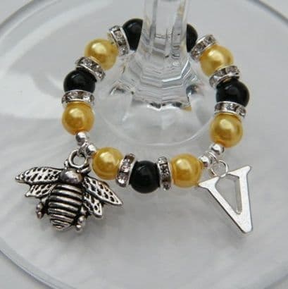 Bee Wine Glass Charm - Initial Full Sparkle Style