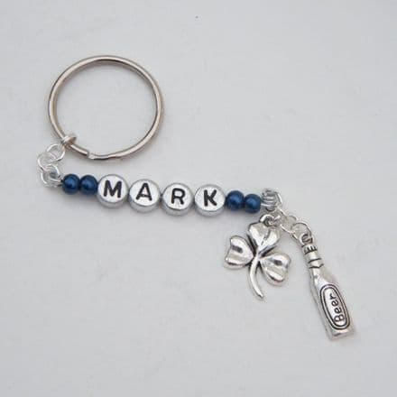 Beer Bottle Personalised Keyring - Double Charm Beaded Style