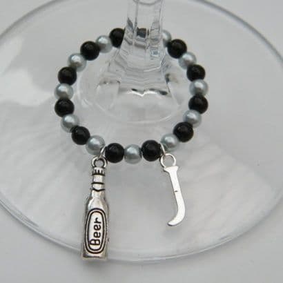 Beer Bottle Wine Glass Charm - Initial Full Bead Style