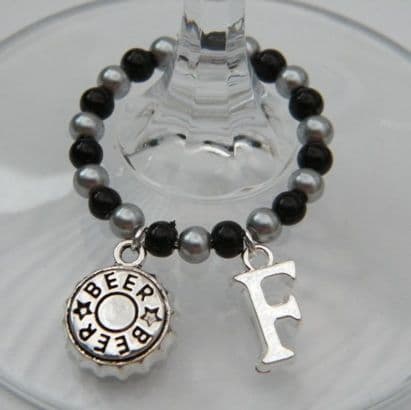 Beer Cap Wine Glass Charm - Initial Full Bead Style