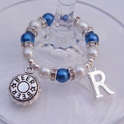 Beer Cap Wine Glass Charm - Initial Full Sparkle Style