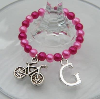 Bicycle Wine Glass Charm - Initial Full Bead Style