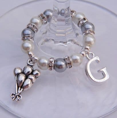 Birthday Balloons Wine Glass Charm - Initial Full Sparkle Style