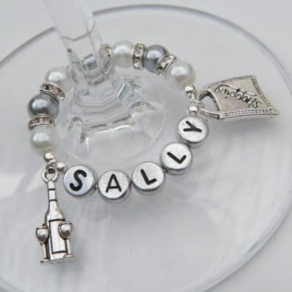 Bottle & Glasses Personalised Wine Glass Charm - Double Charm Full Sparkle Style