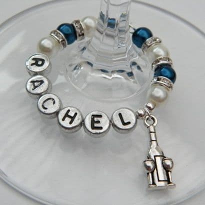Bottle & Glasses Personalised Wine Glass Charm - Full Sparkle Style