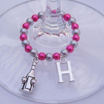 Bottle & Glasses Wine Glass Charm - Initial Full Bead Style