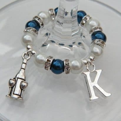 Bottle & Glasses Wine Glass Charm - Initial Full Sparkle Style