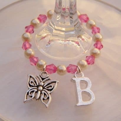 Butterfly Wine Glass Charm - Initial Full Bead Style