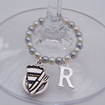 Cake Slice Wine Glass Charm - Initial Full Bead Style