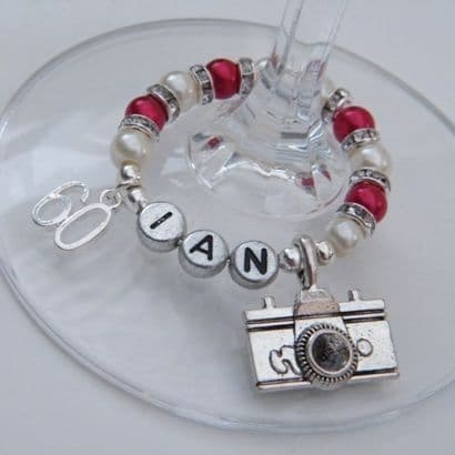 Camera Personalised Wine Glass Charm - Double Charm Full Sparkle Style