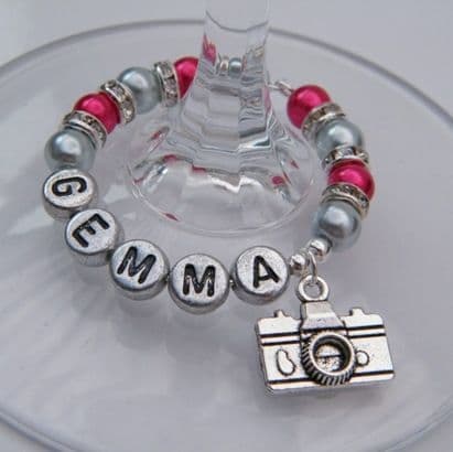 Camera Personalised Wine Glass Charm - Full Sparkle Style