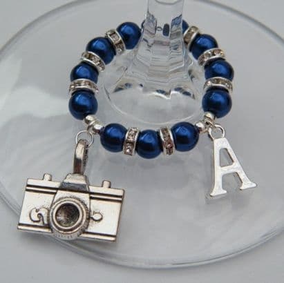 Camera Wine Glass Charm - Initial Full Sparkle Style