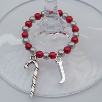 Candy Cane Wine Glass Charm - Initial Full Bead Style