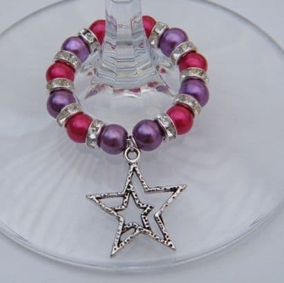Detailed Double Star Outline Wine Glass Charm - Full Sparkle Style