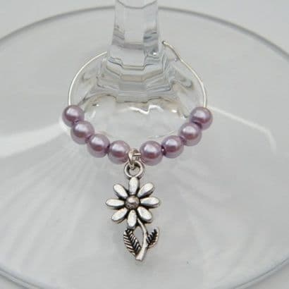 Flower With Stem Wine Glass Charm - Beaded Style