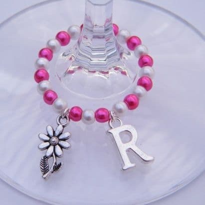 Flower With Stem Wine Glass Charm - Initial Full Bead Style