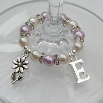 Flower With Stem Wine Glass Charm - Initial Full Sparkle Style