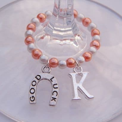 Good Luck Horseshoe Wine Glass Charm - Initial Full Bead Style