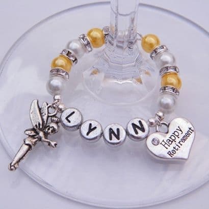 Happy Retirement Personalised Wine Glass Charm - Double Charm Full Sparkle Style