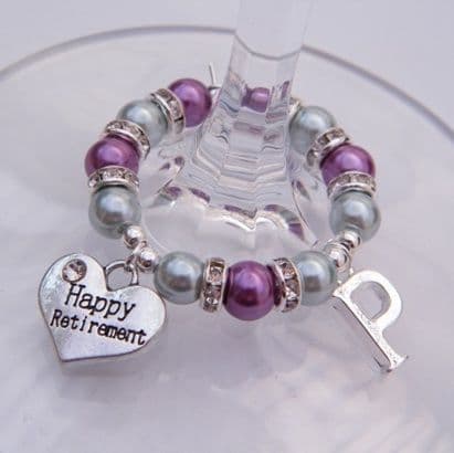 Happy Retirement Wine Glass Charm - Initial Full Sparkle Style