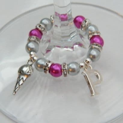 Ice Cream Cone Wine Glass Charm - Initial Full Sparkle Style