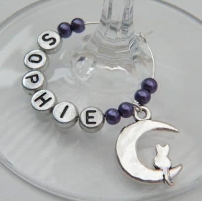 Moon With Cat Personalised Wine Glass Charm