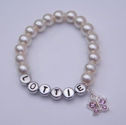 Pink Sparkle Butterfly Personalised Bracelet - Beaded Style