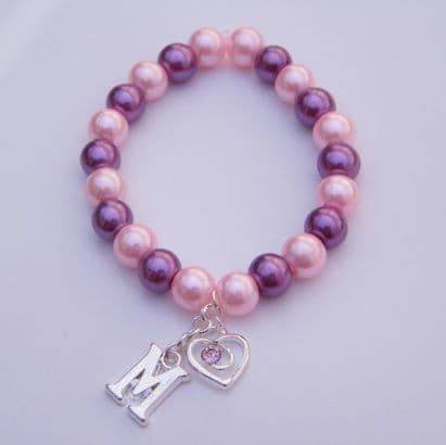 Pink Sparkle Swirl Heart Initial Bracelet - Beaded Style
