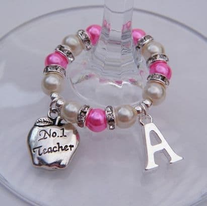 Teacher Apple Wine Glass Charm - Initial Full Sparkle Style