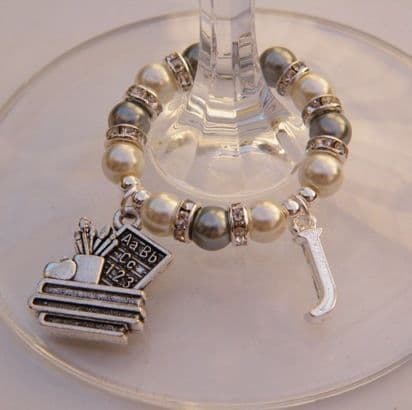 Teacher Blackboard Wine Glass Charm - Initial Full Sparkle Style