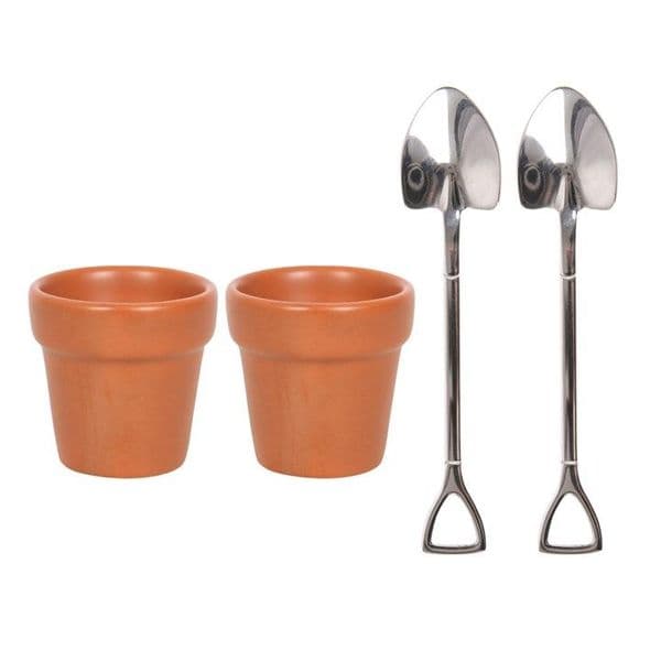 Plant Pot Egg Cup Set of two with Shovel Spoons