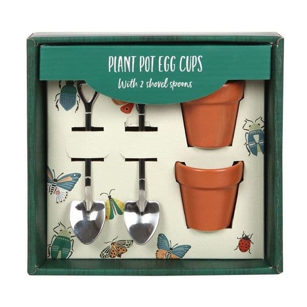 Plant Pot Egg Cup Set of two with Shovel Spoons