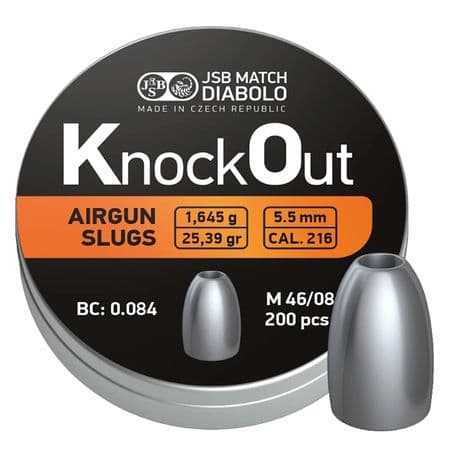 JSB Knock Out HP Airgun Slugs .22 5.5mm .216 25.39gr 200 Tin Air Rifle Hunting