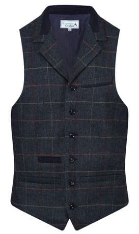 MENS WOOL Balmoral Quality TWEED Check Waistcoat With Collar Royal Navy Blue New