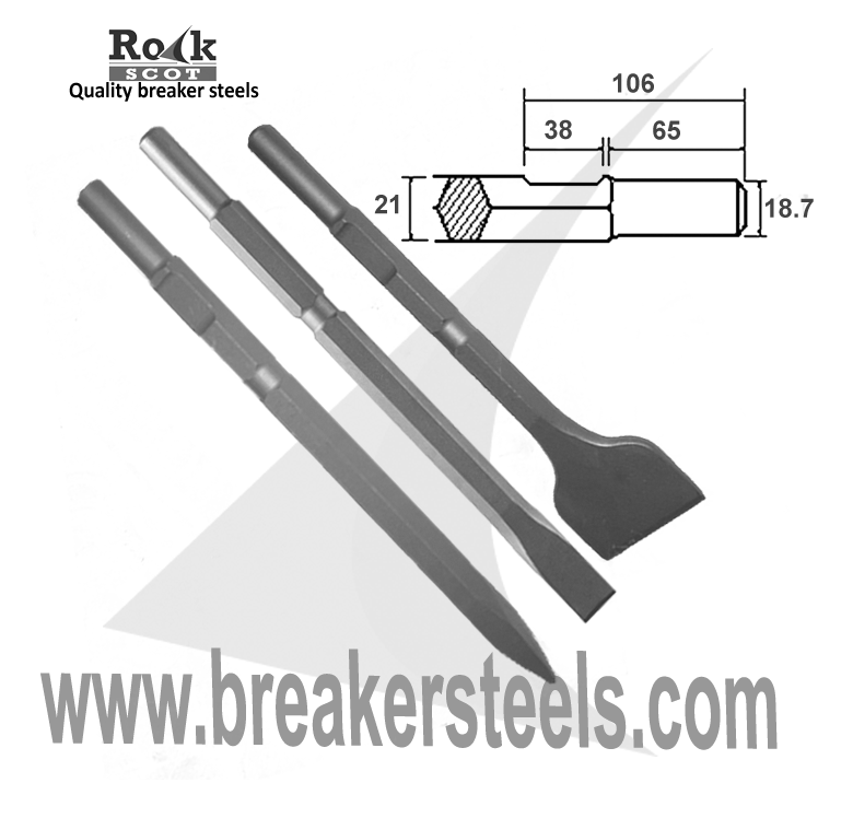 Kango K900, Set of Chisel, Point & 75mm Wide Chisel, 21mm Hex (900K / 950K/KV)