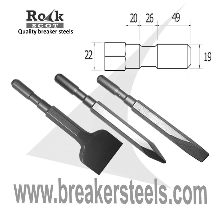 Set of 3 tools - Chisel, Point & 75mm Wide Chisel CP9 Shank (R 19mm x 95mm)