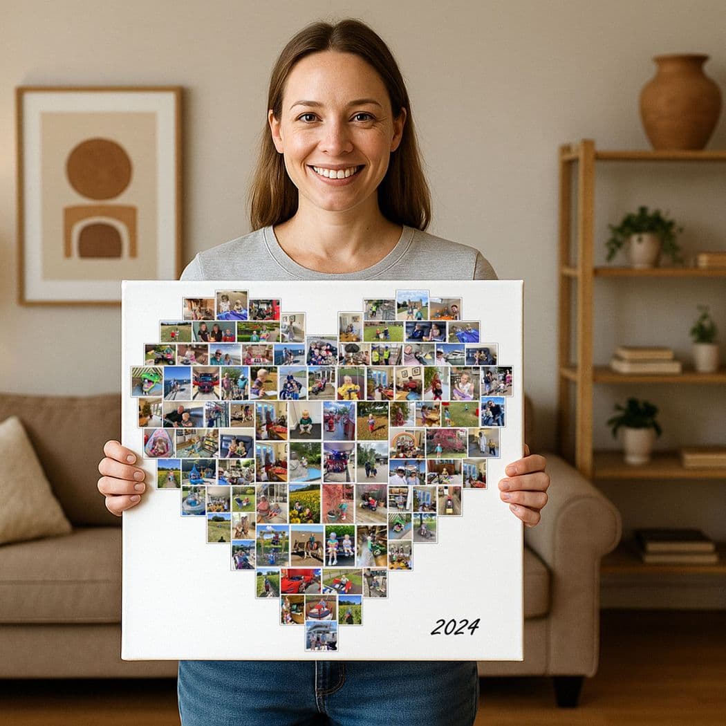 Bespoke Heart-Shaped Personalised Photo Collage – Custom Framed Canvas Print, Unique Wall Art Gift