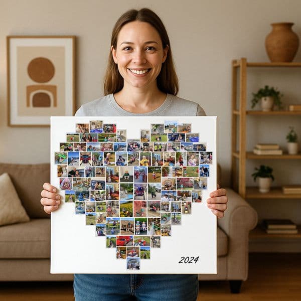 Bespoke Heart-Shaped Personalised Photo Collage – Custom Framed Canvas Print, Unique Wall Art Gift