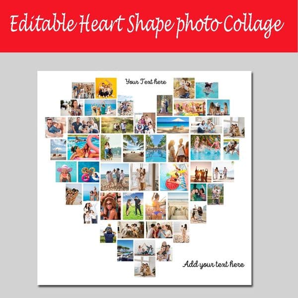 Editable Heart shape photo collage. use 40, 50 or 60 of your own pictures in our online template