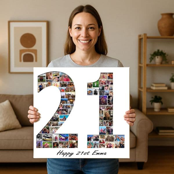 Personalised number shape photo collage framed canvas print