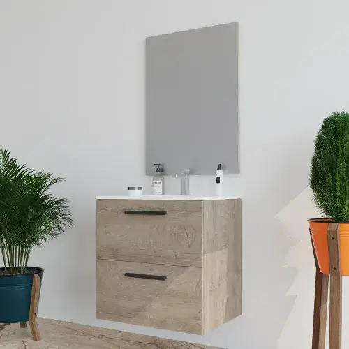 Adolfo 600mm Oak Effect Wall Hung Bathroom Vanity Cabinet with Basin Sink And Mirror - 305180C/SO