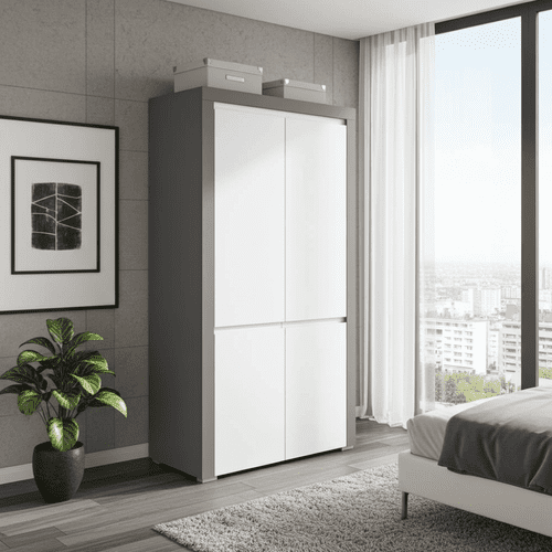 Alabama Grey and White 2 Door Wardrobe with Shelves and LED Lights - ABS1 - N13