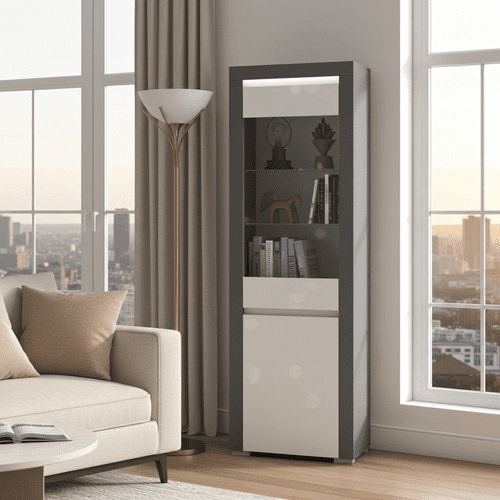 Alabama White and Grey Tall Display Cabinet with Glass Door and LED Lights - ABW-2 - N14
