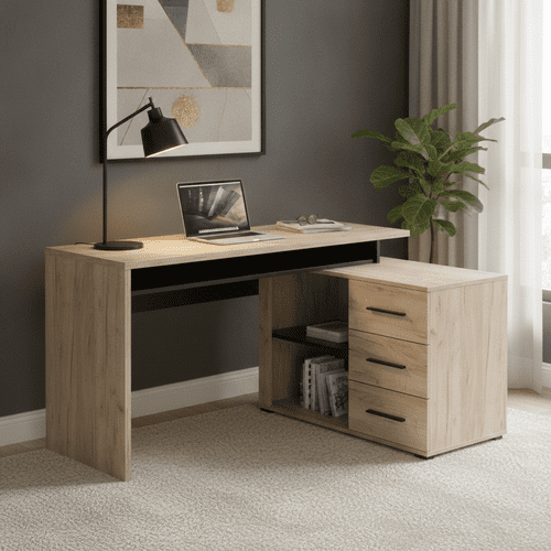 Alfano Oak and Black Large Corner Desk With Drawers