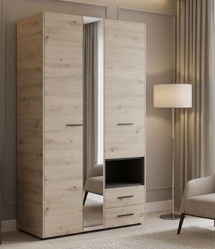 Althena 3 Door Grey Oak Wardrobe With Drawers And Mirror