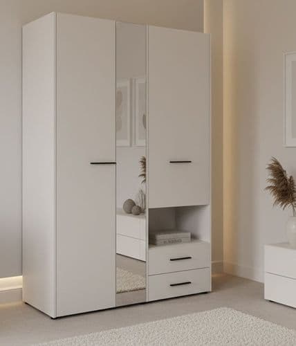 Althena 3 Door White Wardrobe With Drawers And Mirror