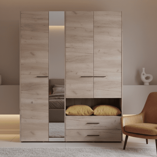 Althena 4 Door Oak Effect  161.5cm Wardrobe With Open Shelf And Drawers