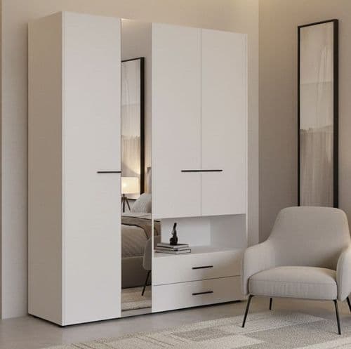 Althena 4 Door White 161.5cm Wardrobe With An Open Shelf And Drawers
